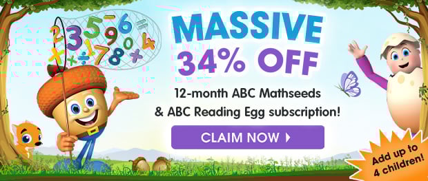 MASSIVE 34% OFF a 12-Month Subscription. ABC Reading Eggs and ABC Mathseeds. Includes up to 4 children. Claim Now